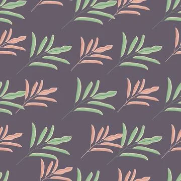 Pink and green colored simple leaf silhouettes seamless pattern. Purple backg Stock Illustration