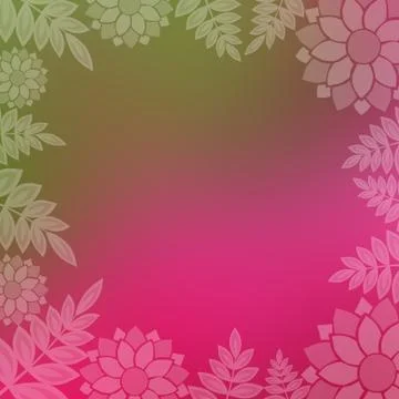 Pink and green gradient background with a border of ferns and dahlia flowers Ilustración de archivo