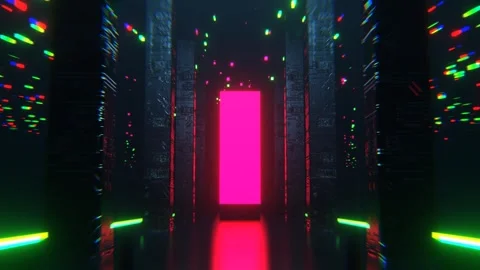 Pink and Green Neon Sci-Fi Hall with Tall Columns and Portal Background VJ L Stock Footage 301885905