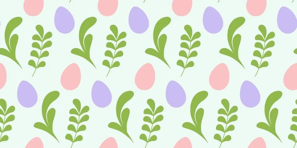 Pink and Lavender Easter Eggs and Green Twigs Seamless Pattern Banner Format Stock Illustration