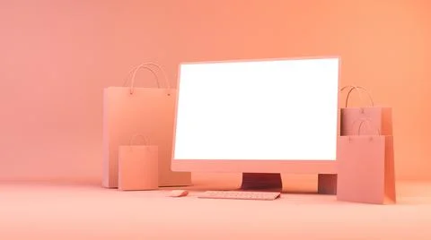 Pink and orange computer and shopping bags Stock Illustration
