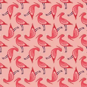 A pink and red bird patterned fabric with birds of various sizes and positions Stock Illustration