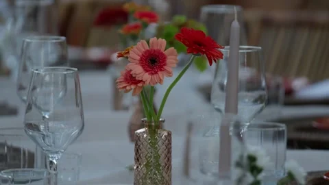 Pink And Red Gerbera Daisies In Gold Bud Vase On Wedding Table Stock Footage 342859683
