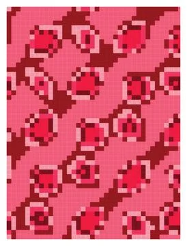Pink and red pixelated abstract pattern with scattered shapes. Illustration