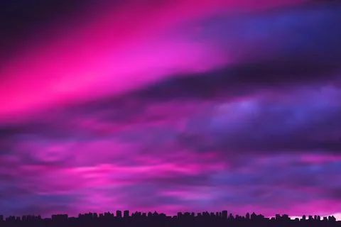 Pink and violet sunset sky over the city. Stock Illustration