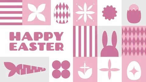 Pink and white Easter decorations with patterns and text for seasonal Stock Photos