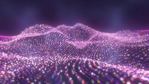 Pink and white glowing dots forming digital waves over a violet background wi Stock Illustration