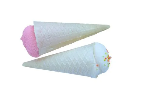 Pink and white marshmallows in mini waffle cones isolated on a white background  Stock Photos