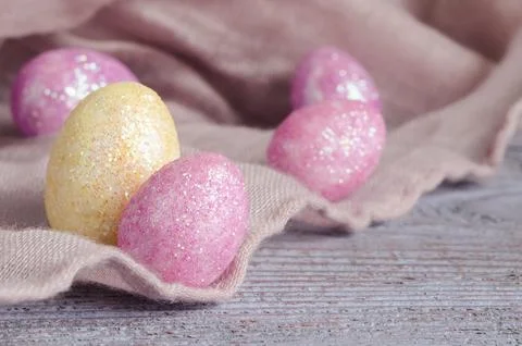 Pink and yellow Easter eggs close up Stock Photos