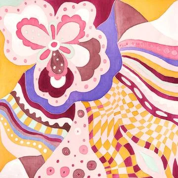 Pink and yellow floral pattern on silk batik textile background - abstract... Stock Photos