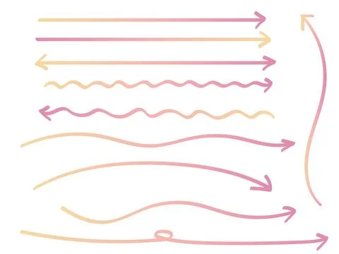 Pink and yellow gradient hand drawn long arrow set. Stock Illustration
