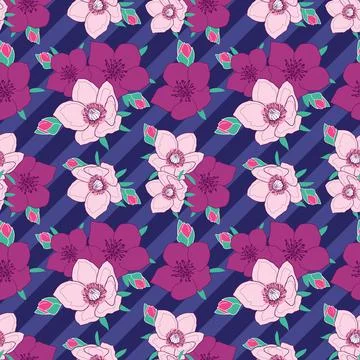 Pink anemone seamless pattern on dark purple background with stripes Stock Illustration
