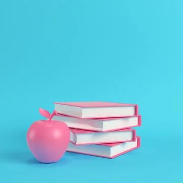 Pink apple and stack of books on bright blue background in pastel colors Stock Illustration
