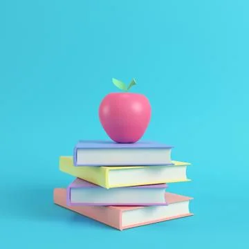 Pink apple on a stack of books on bright blue background in pastel colors Illustrazione stock
