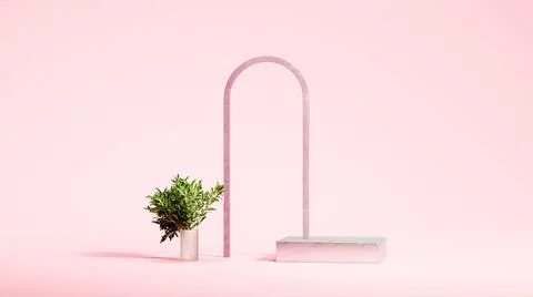 Pink arc, palm tree and square podium. Minimal design. 3d rendering. Stock Illustration