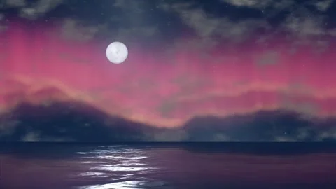Pink Aurora Borealis and Full Moon Over Calm Ocean Night Sky Stock Footage 344836383