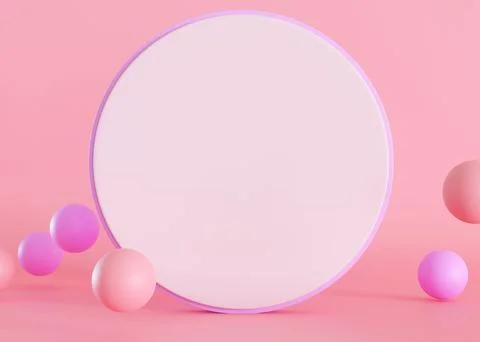 Pink background with 3d spheres and empty space for text. Blank circle shape Stock Illustration