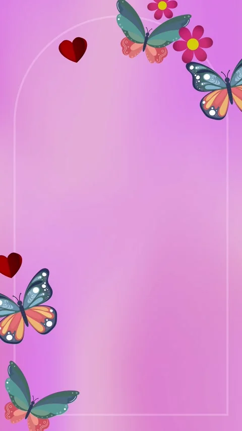 Pink background, arch frame, surrounded by blooming flowers and butterflies 스톡 동영상 311848154