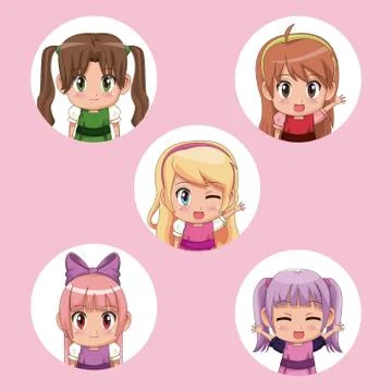 Pink background with circular frame of set half body cute anime girls facial Stock Illustration