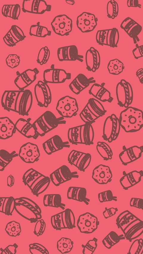 Pink background with doodle-style coffee cups and donuts 库存影片 334815293
