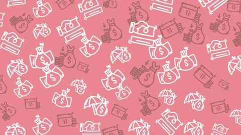 Pink background features financial icons in white outline Stock Footage 336400002