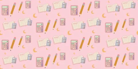 Pink background with math calculator pencil and worksheets repetitive pattern Stock Illustration