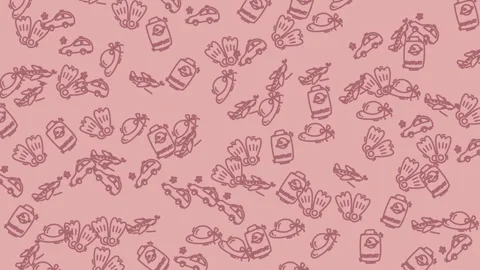 Pink background pattern summer vacation items hats, cars, airplanes, and flipper Stock Footage 336435567