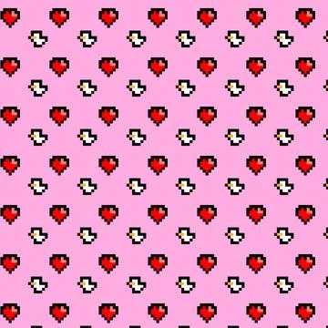 Pink background with pixelated red hearts and white ducks pattern Stock Illustration