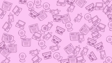 Pink background scattered with cartoon tech devices Stock Footage 323152787