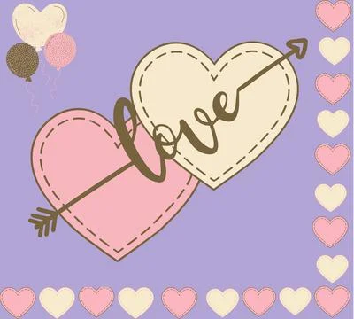 On a pink background there are two hearts and an arrow with the word love Stock Illustration