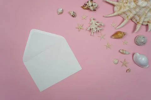 On a pink background there is a white envelope and a variety of shells Stock Photos