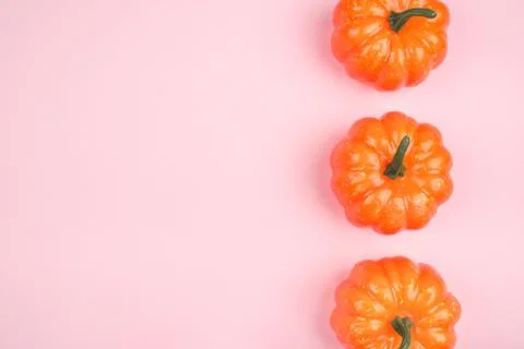 Pink background with three pumpkins. Stock Photos