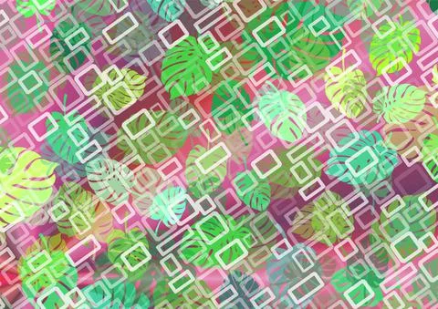 Pink background with white rectangles with leaves of the plant called monstera Illustration