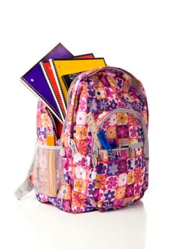 Pink backpacek with supplies Stock Photos