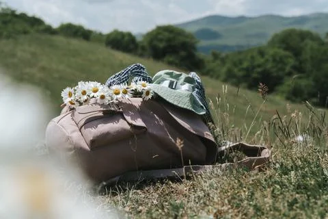 Pink backpack with a daisy crown and sun hat in a meadow. Stock Photos