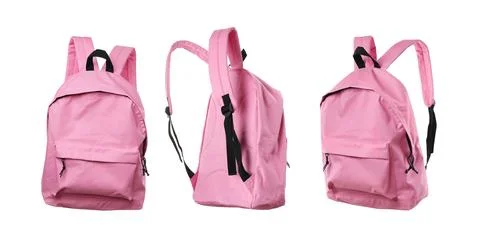 Pink backpack isolated on white, collage. Different sides Photos