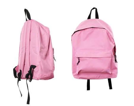 Pink backpack isolated on white, collage. Different sides Photos