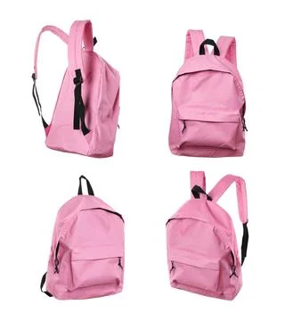 Pink backpack isolated on white, collage. Different sides Photos