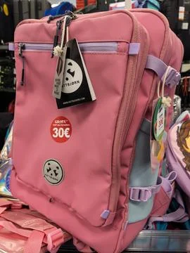 Pink Backpack with Tags on Display Stock-Fotos