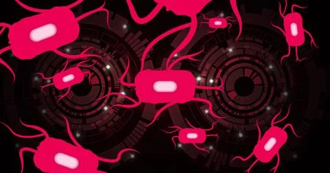 Pink bacterium floating in digital background, with wavy appendages, interface Illustrazione stock