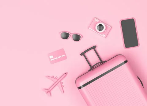 Pink baggage with smartphone, camera, sun glasses and copy space on pastel pink Stock Illustration