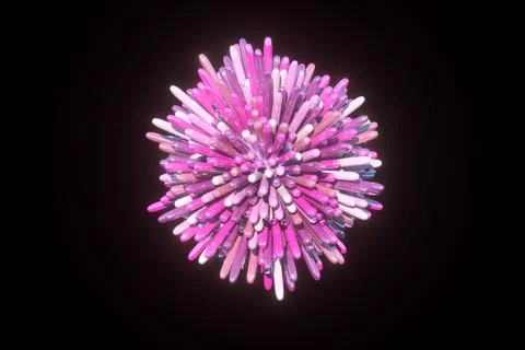 Pink ball, sphere with not sharp spikes, sticks around it on black background. Stockfoto's