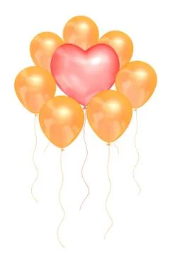Pink balloon in the shape of a heart surrounded by golden balloons on a white Illustrazione stock