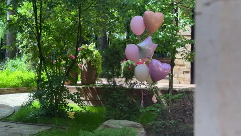 Pink balloons fluttering in the wind in a spring garden Stock Footage 310430370