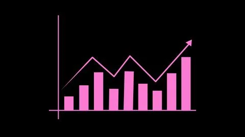 Pink bar chart with zigzag line and arrow pointing up against black backgro.. Stock Illustration
