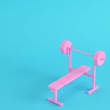 Pink barbell with bench with ball on bright blue background in pastel colors. Stock Illustration