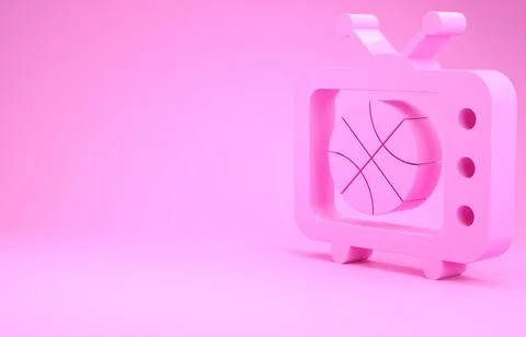 Pink Basketball match on tv program icon isolated on pink background. Minimal Stock-Illustration