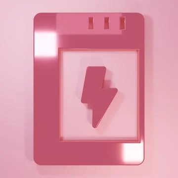 Pink Battery for camera icon isolated on pink background. Lightning bolt sy.. Illustrazione stock