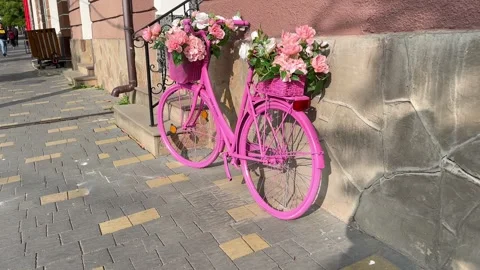 Pink bicycle with flowers Stock Footage 252451695