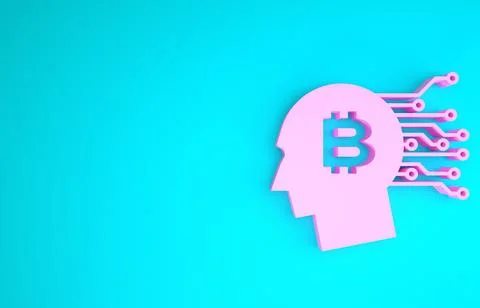Pink Bitcoin think icon isolated on blue background. Cryptocurrency head. Blo Stock Illustration